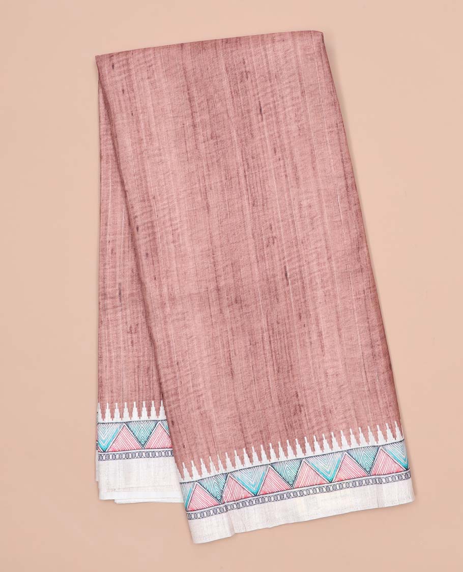 Brown plain semi-banaras tussar saree, contrast vidarbha border & pallu of Madhubani print