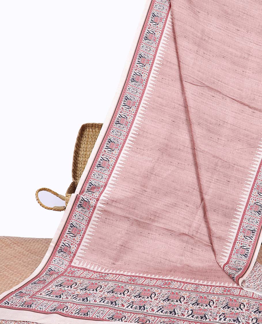 Brown plain semi-banaras tussar saree, contrast vidarbha border & pallu of elephant motifs print