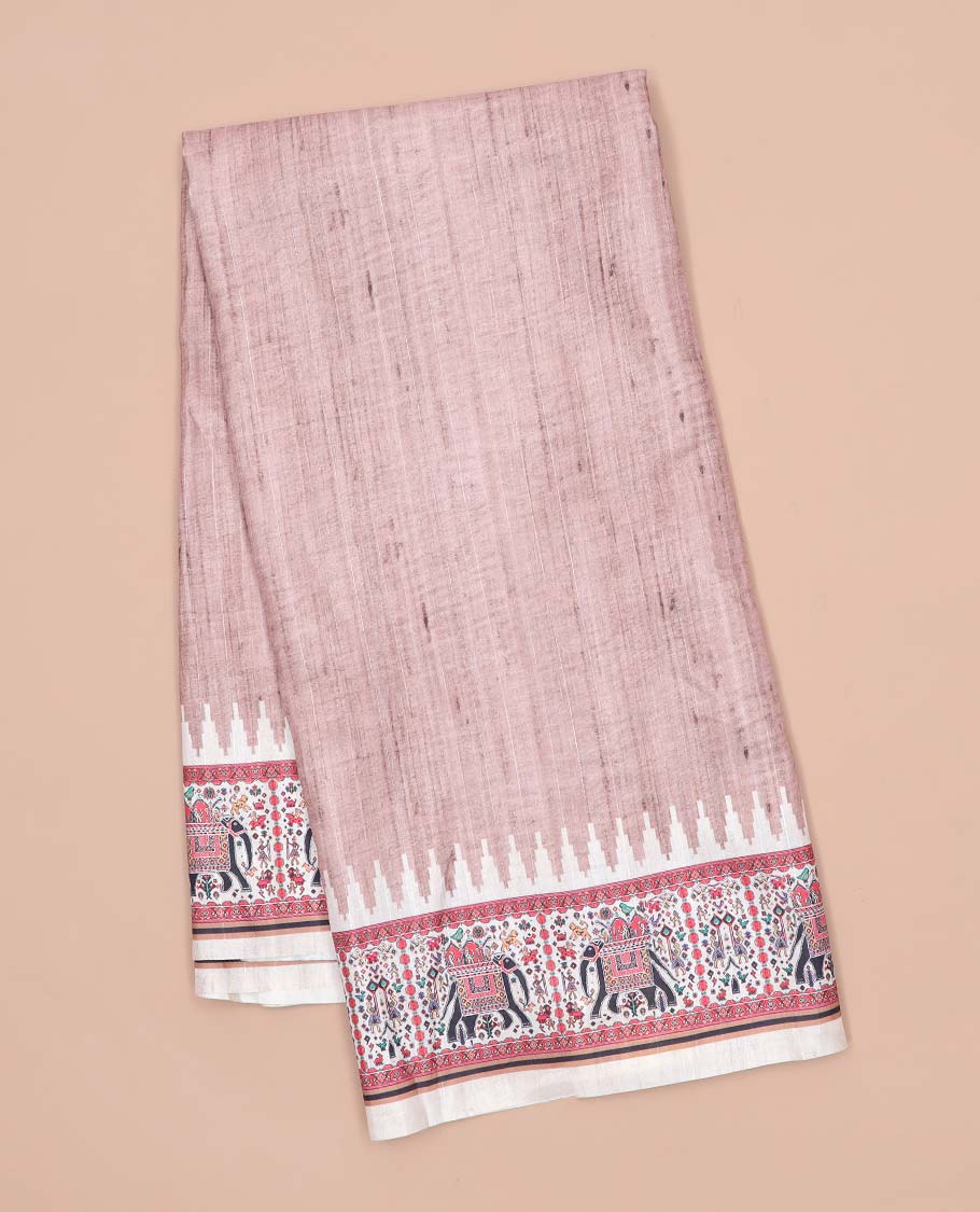 Brown plain semi-banaras tussar saree, contrast vidarbha border & pallu of elephant motifs print