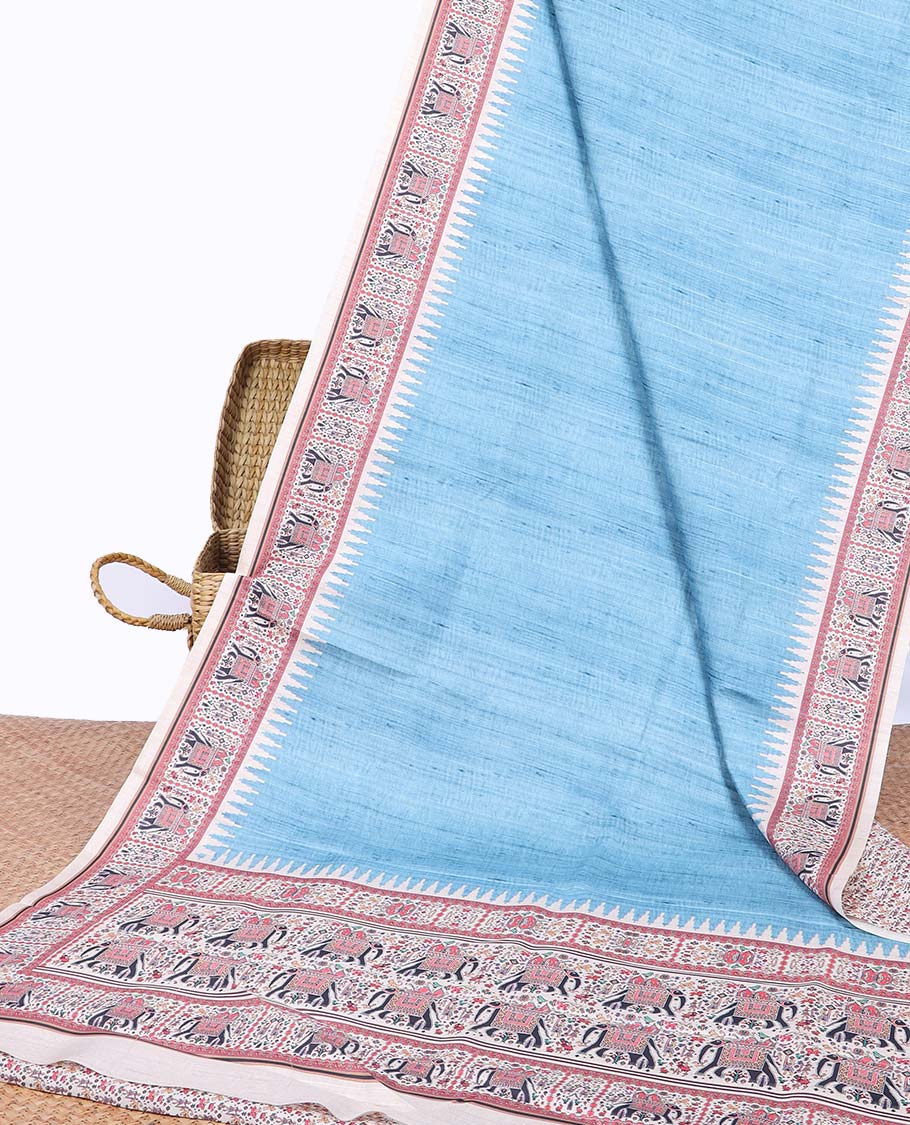 Blue plain semi-banaras tussar saree, contrast vidarbha border & pallu of elephant motifs print