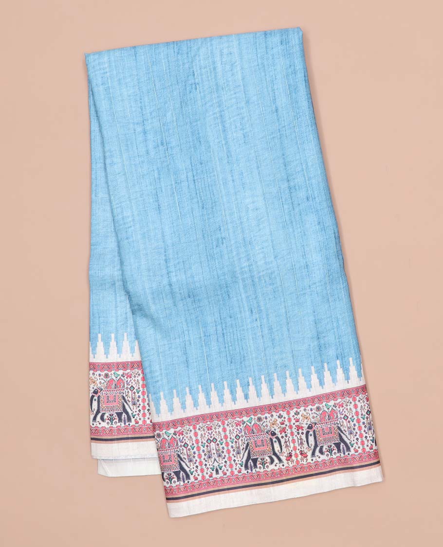 Blue plain semi-banaras tussar saree, contrast vidarbha border & pallu of elephant motifs print