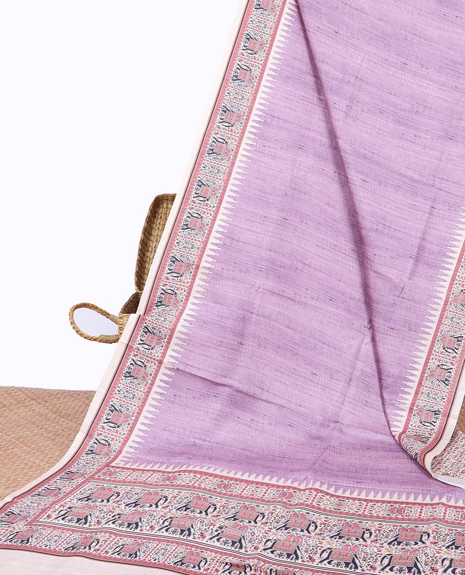 Blue plain semi-banaras tussar saree, contrast vidarbha border & pallu of elephant motifs print