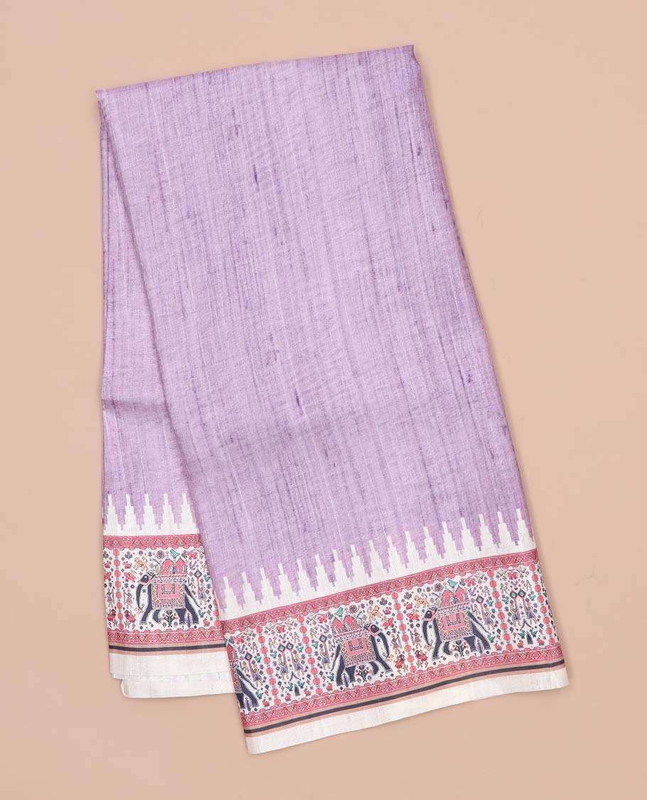 Blue plain semi-banaras tussar saree, contrast vidarbha border & pallu of elephant motifs print