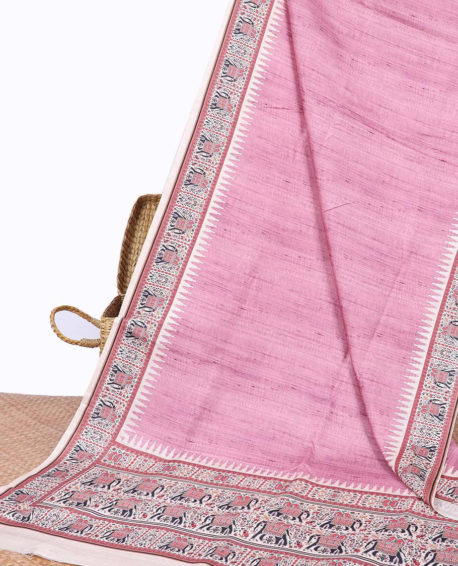 Pink plain semi-banaras tussar saree, contrast vidarbha border & pallu of elephant motifs print