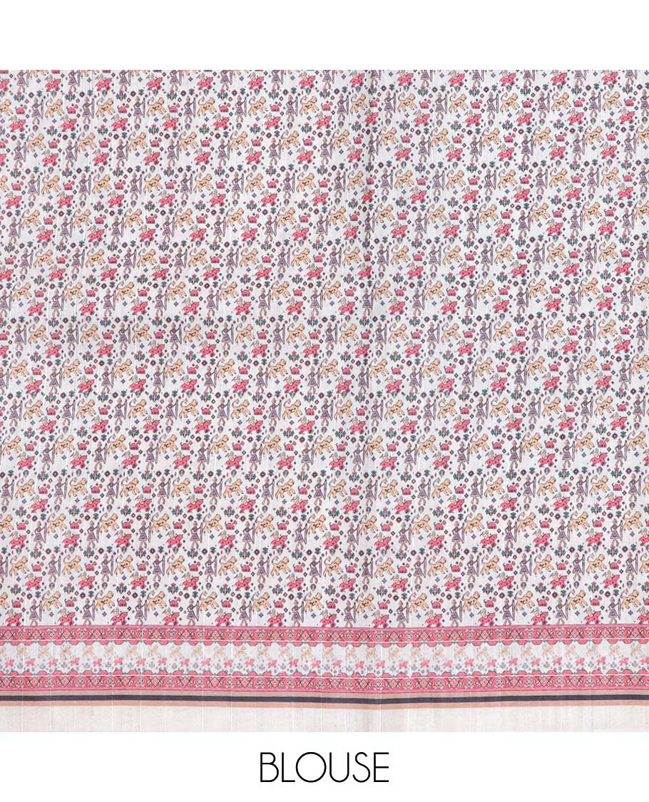 Pink plain semi-banaras tussar saree, contrast vidarbha border & pallu of elephant motifs print