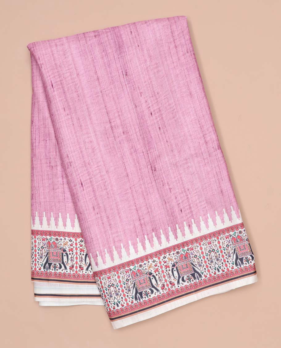 Pink plain semi-banaras tussar saree, contrast vidarbha border & pallu of elephant motifs print