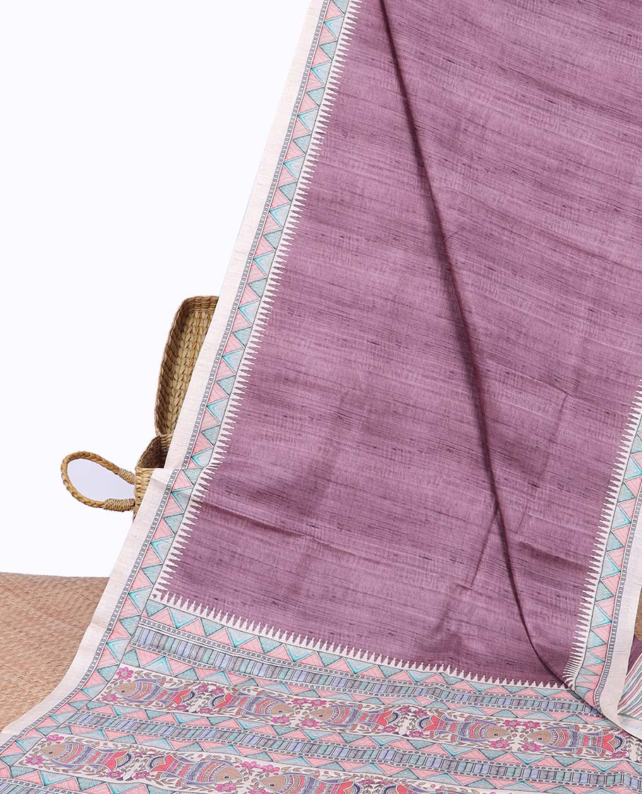 Purple plain semi-banaras tussar saree, contrast vidarbha border & pallu of Madhubani print