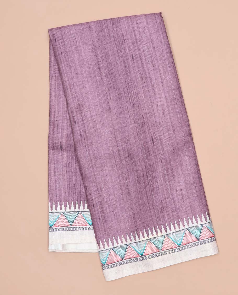 Purple plain semi-banaras tussar saree, contrast vidarbha border & pallu of Madhubani print