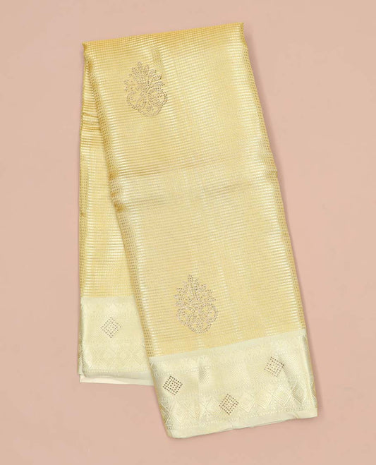 Gold zari design semi-banaras tissue saree with stonework, contrast traditional stonework border & jaal pallu