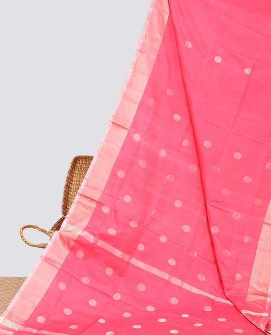 Pink uppada silk saree with polka dot buttas, plain border & pallu of polka dot designs