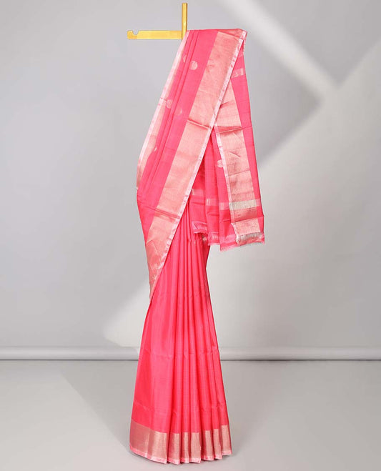 Pink uppada silk saree with polka dot buttas, plain border & pallu of polka dot designs