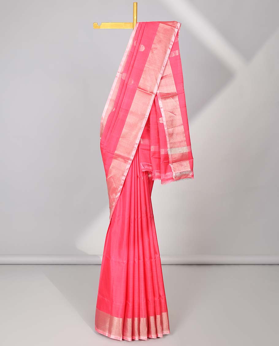 Pink uppada silk saree with polka dot buttas, plain border & pallu of polka dot designs