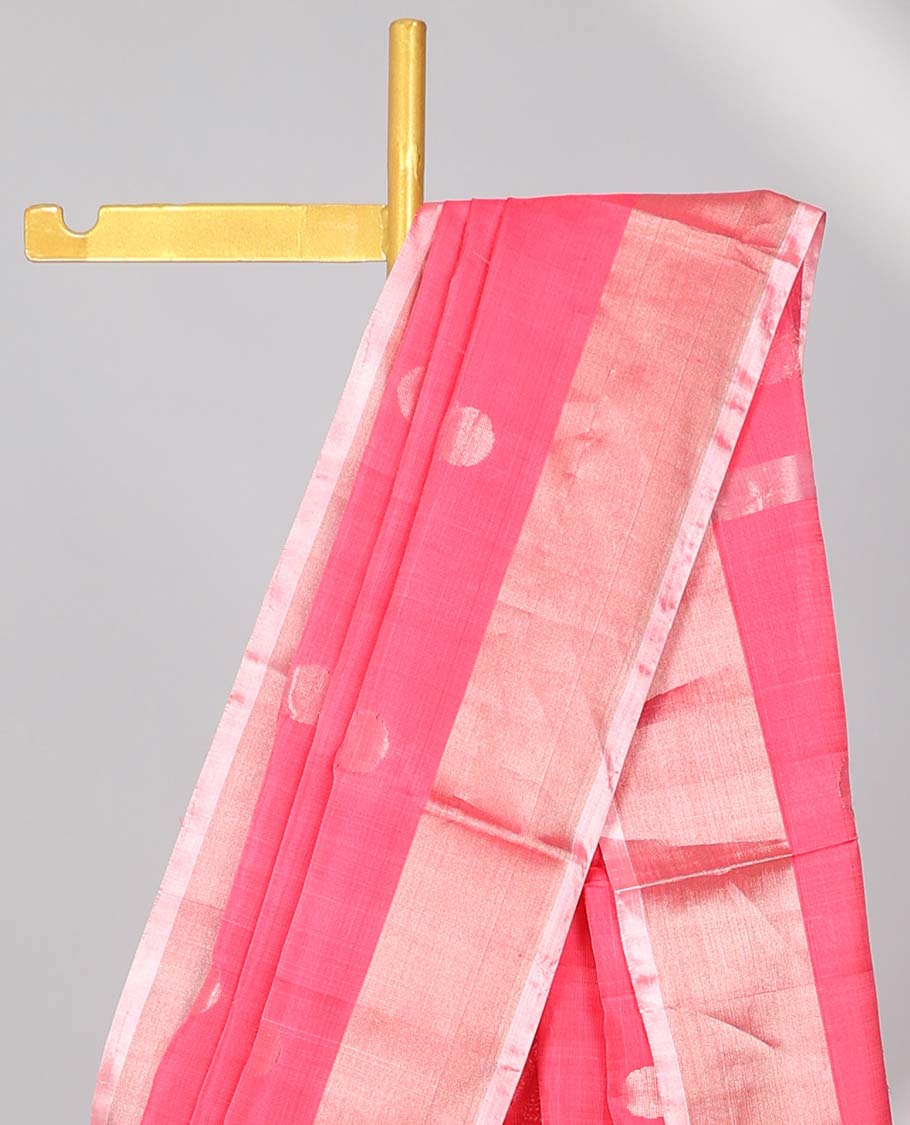 Pink uppada silk saree with polka dot buttas, plain border & pallu of polka dot designs