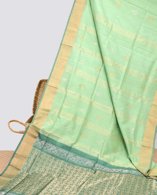 Green uppada silk saree with zari designs, contrast plain border & pallu of intricate designs