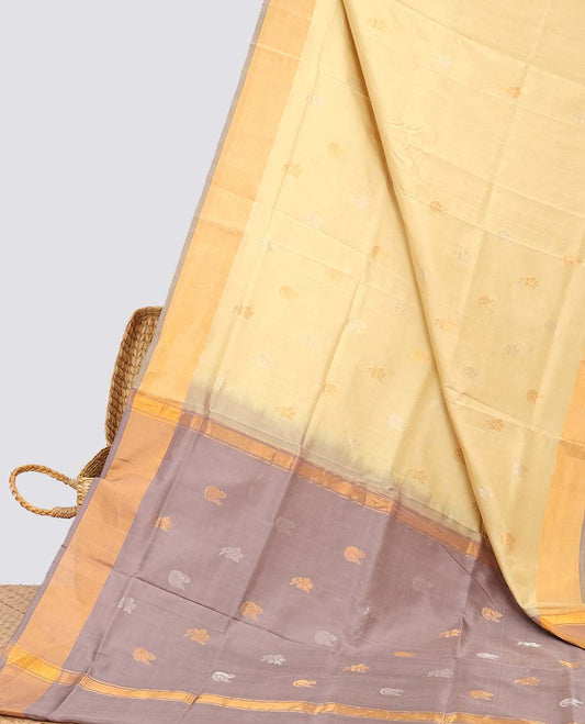 Sandal uppada silk saree with floral buttas, contrast plain border & pallu of zari designs