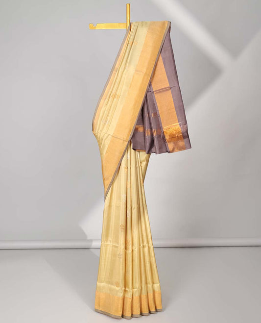 Sandal uppada silk saree with floral buttas, contrast plain border & pallu of zari designs