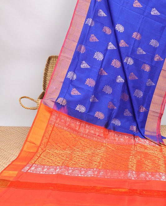 Blue uppada silk saree with buttas, contrast plain border & pallu of floral designs