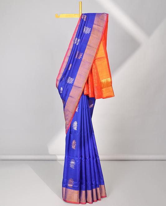 Blue uppada silk saree with buttas, contrast plain border & pallu of floral designs