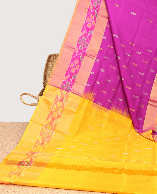 Pink uppada silk saree with buttas, contrast zari & ikkat design border & pallu of buttas