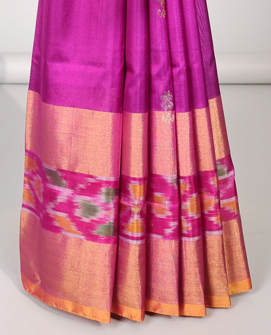 Pink uppada silk saree with buttas, contrast zari & ikkat design border & pallu of buttas