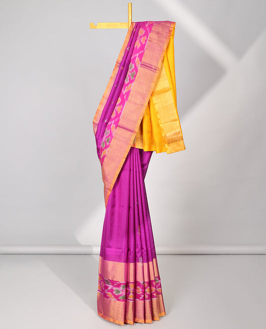 Pink uppada silk saree with buttas, contrast zari & ikkat design border & pallu of buttas