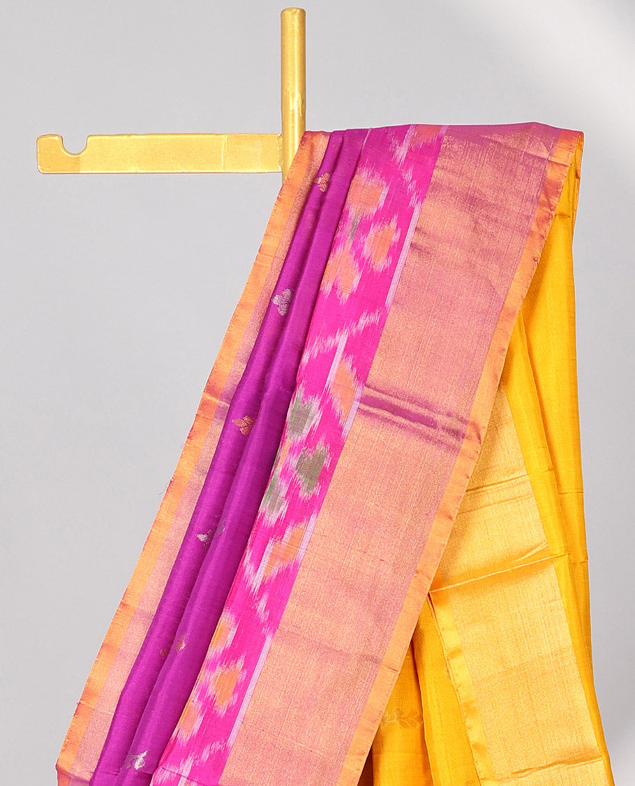 Pink uppada silk saree with buttas, contrast zari & ikkat design border & pallu of buttas