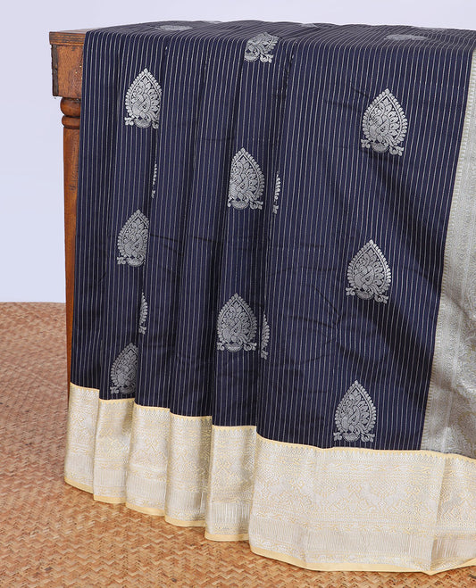 Blue budget silksaree with zari designs, contrast traditional design border & jaal pallu