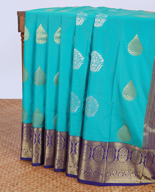 Blue striped budget silk saree with zari buttas, contrast traditional zari design border & jaal pallu