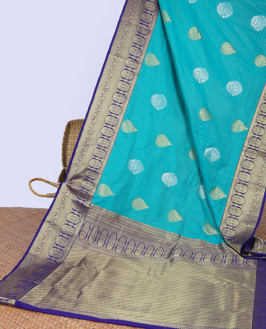 Blue striped budget silk saree with zari buttas, contrast traditional zari design border & jaal pallu