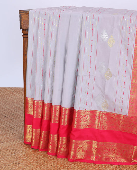 Grey stripes & buttas budget silk saree, contrast traditional zari design border & intricate pallu