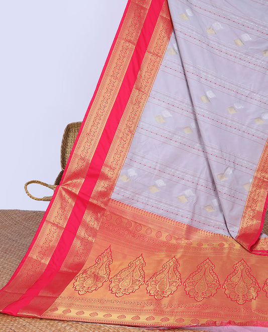 Grey stripes & buttas budget silk saree, contrast traditional zari design border & intricate pallu
