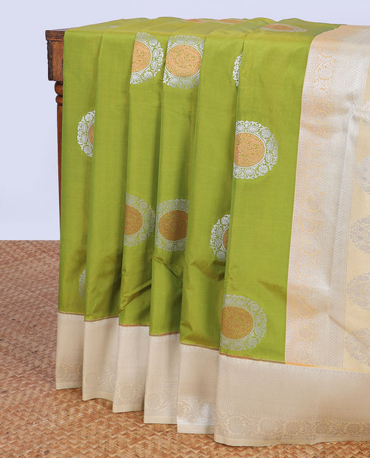 Green zari buttas budget silk saree , contrast traditional zari design border & intricate pallu