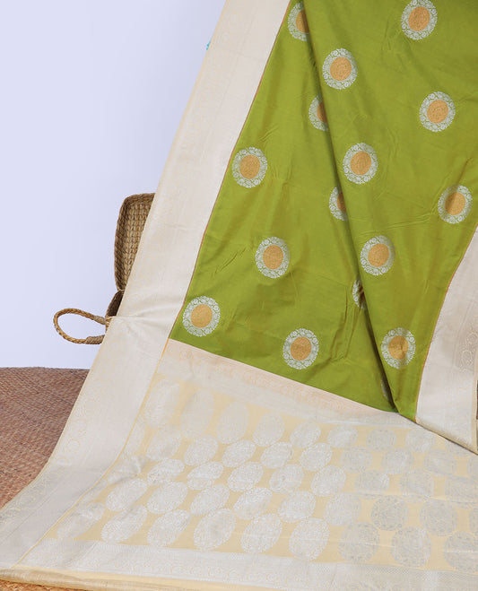 Green zari buttas budget silk saree , contrast traditional zari design border & intricate pallu