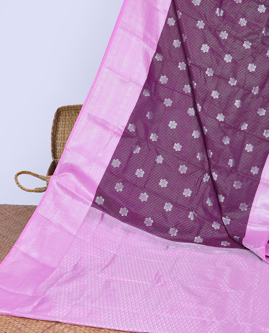 Purple checked budget silk saree with flower buttas, contrast traditional zari design border & intricate pallu