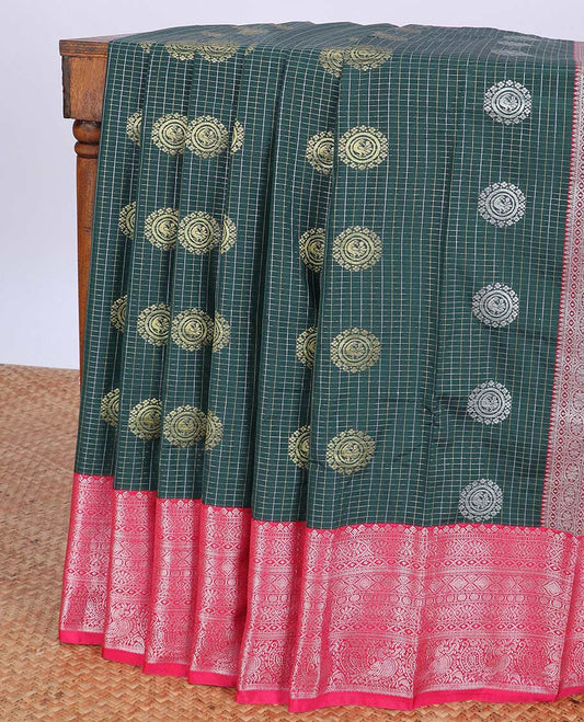 Green checked budget silk saree with buttas, contrast traditional zari design border & intricate pallu
