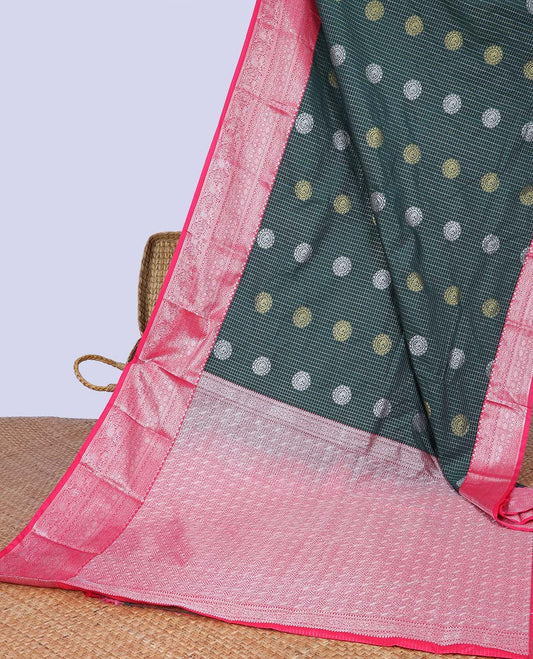 Green checked budget silk saree with buttas, contrast traditional zari design border & intricate pallu