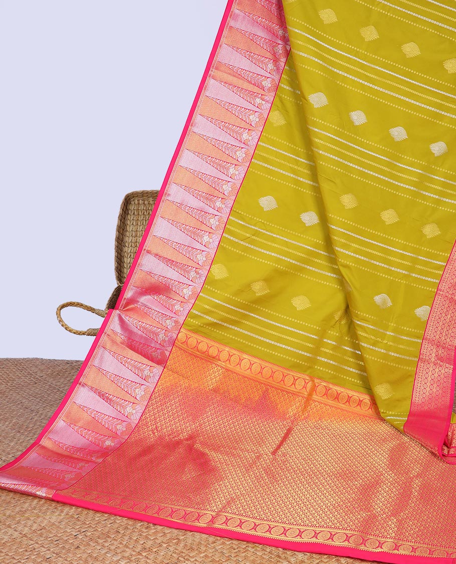 Green budget silk saree with zari designs, contrast floral design zari border & intricate pallu
