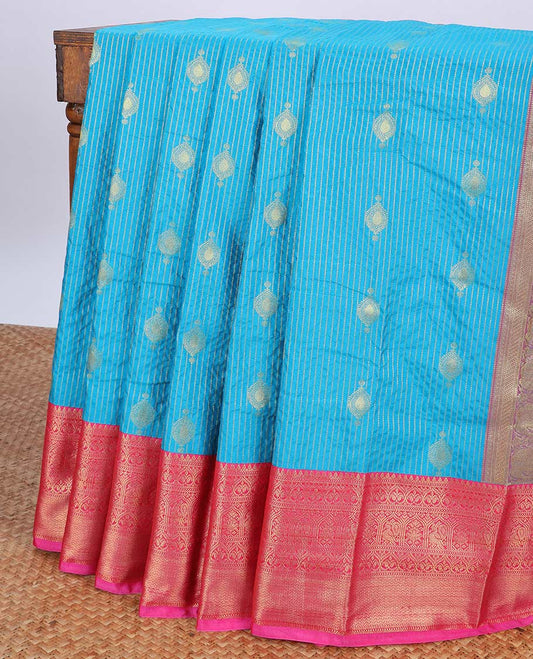 Blue zari design budget silk saree, contrast floral design zari border & intricate pallu
