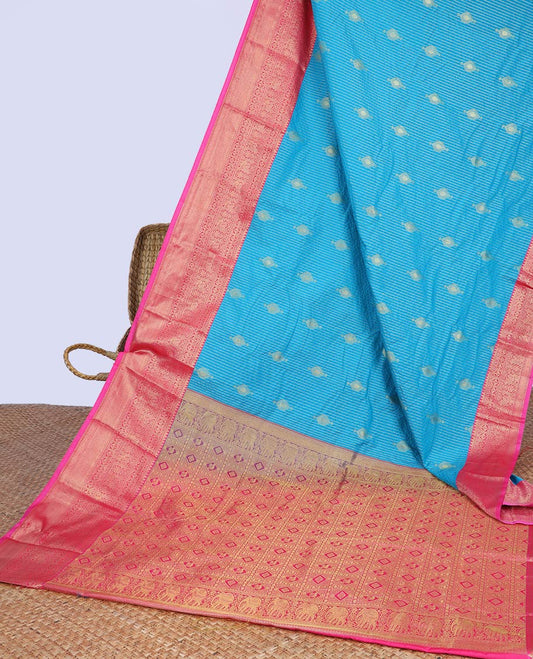 Blue zari design budget silk saree, contrast floral design zari border & intricate pallu