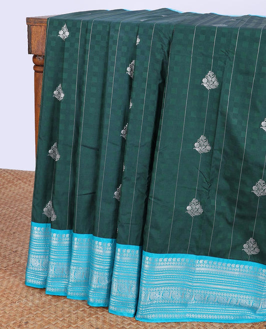 Green checked budget silk saree with buttas, contrast traditional zari design border & ogee patterned pallu