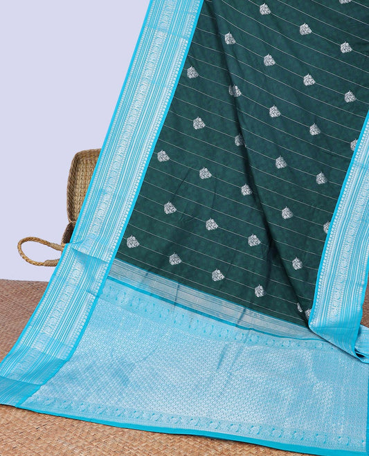 Green checked budget silk saree with buttas, contrast traditional zari design border & ogee patterned pallu