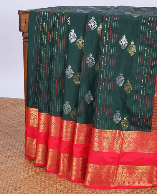Green striped & buttas budget silk saree, contrast traditional zari design border & intricate pallu