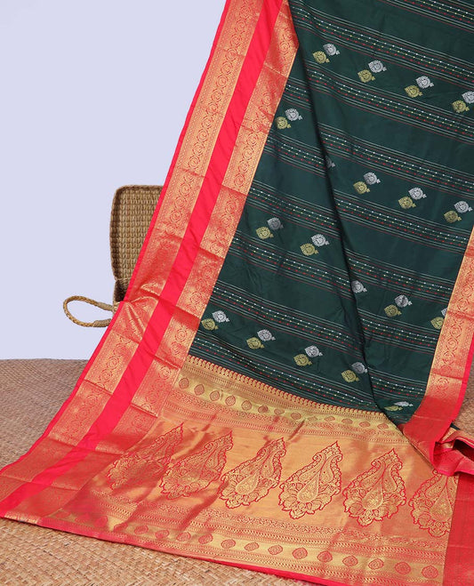 Green striped & buttas budget silk saree, contrast traditional zari design border & intricate pallu
