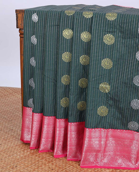 Green checked & buttas budget silk saree, contrast traditional zari design border & intricate pallu