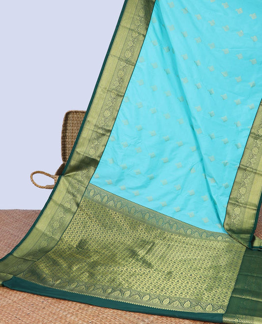Blue striped & zari buttas budget silk saree, contrast traditional zari design border & pallu of jaal designs