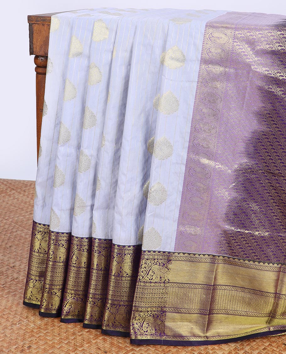 Grey striped & zari buttas budget silk saree, contrast traditional zari design border & pallu steeped with paisleys