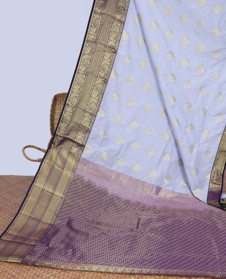 Grey striped & zari buttas budget silk saree, contrast traditional zari design border & pallu steeped with paisleys