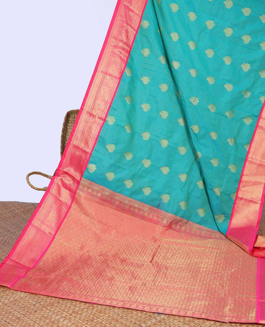 Green zari buttas budget silk saree, contrast traditional zari design border & ogee patterned pallu 