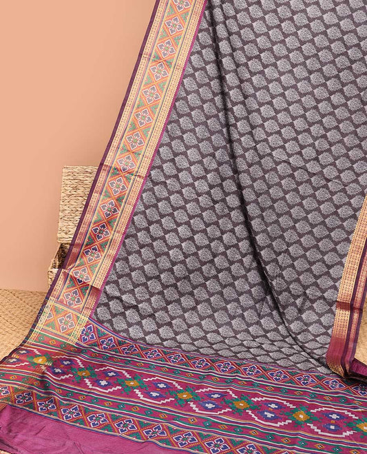 Brown unique motifs printed semi-banaras patola silksaree,contrast traditional zari design border & patola printed pallu