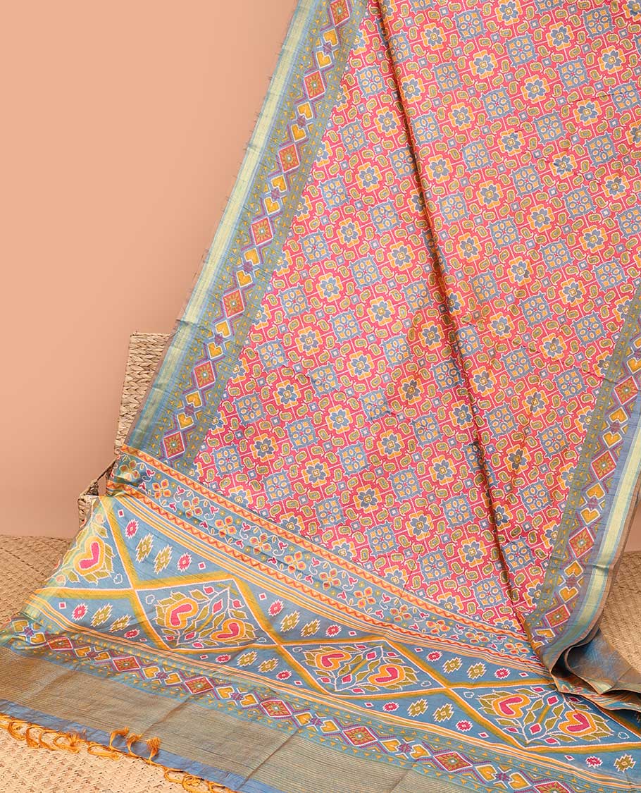 Multi-color intricately printed semi-banaras patola silksaree, contrast border & patola printed pallu
